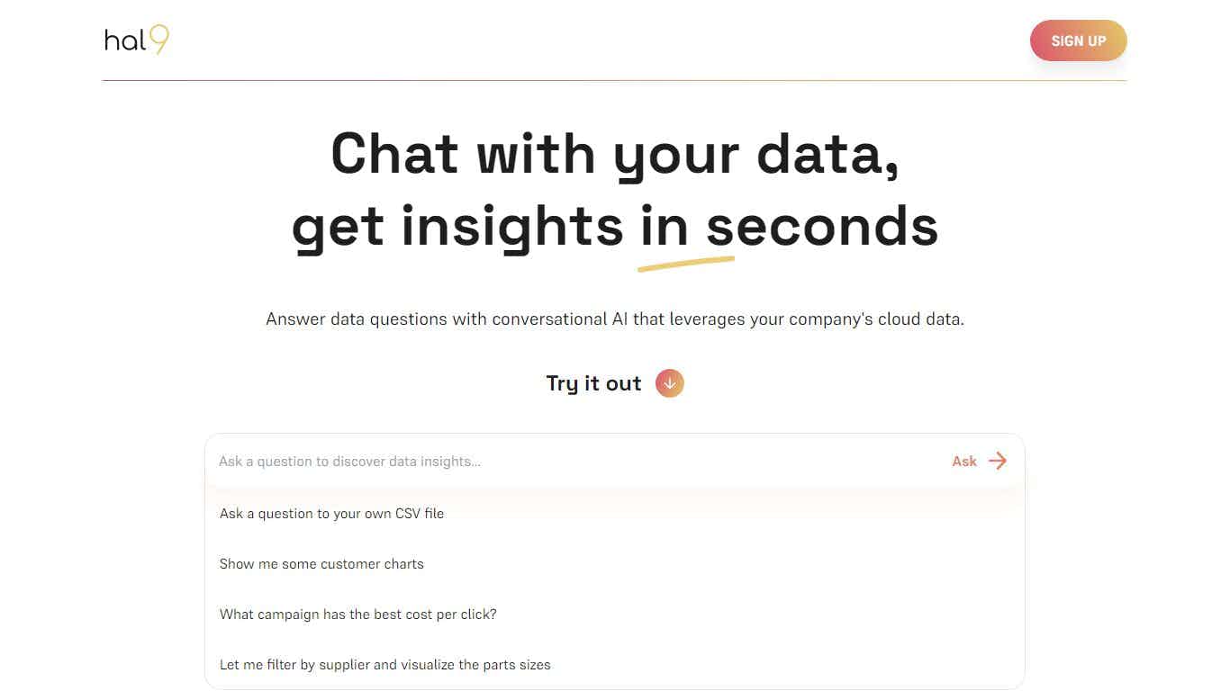 A conversational AI solution that empowers your team to chat with your data, enabling self-service analytics.

Just type a question, and Hal9 will answer ...