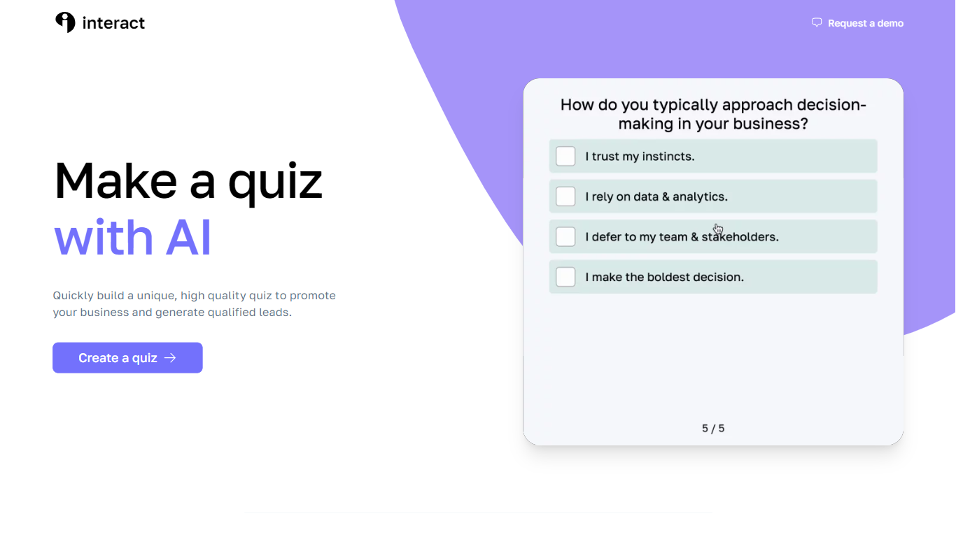 Interact AI is the automated quiz creation tool that makes it easy to generate engaging quizzes.

Quizzes are a proven way to engage customers, generate l...