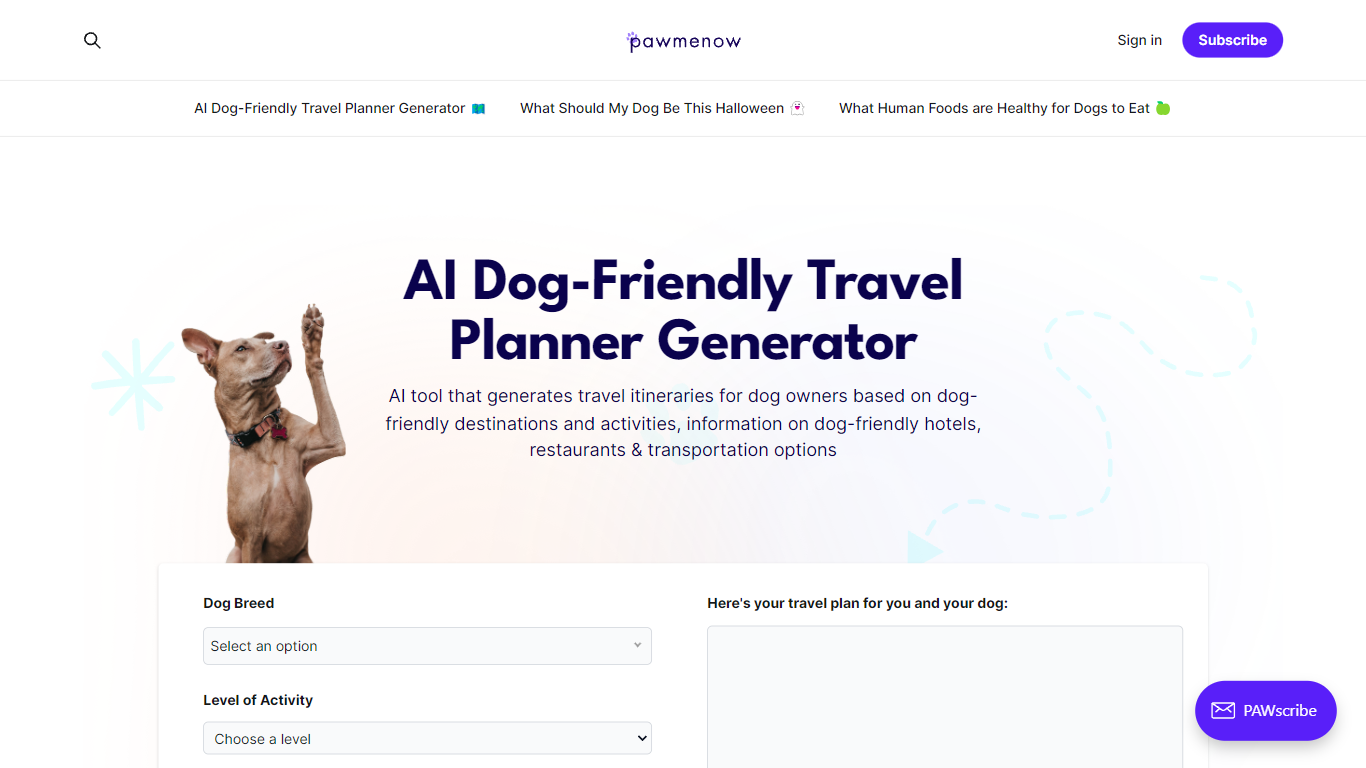AI Dog-Friendly Travel Planner Generator | Pawmenow