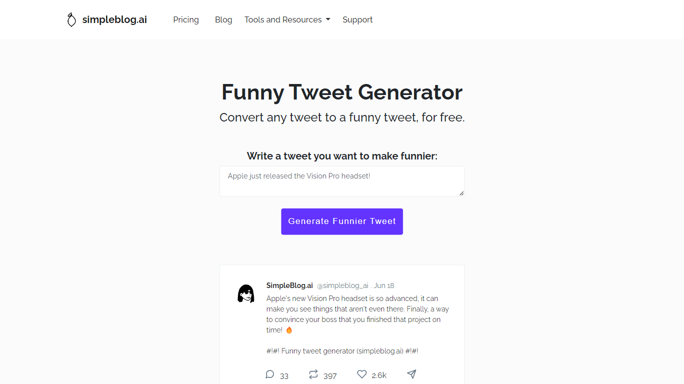 Funny Tweet Generator | simpleblog.ai